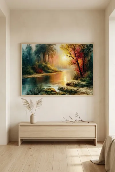 Raumansicht: Flusslandschaft im warmen Licht der Abendsonne