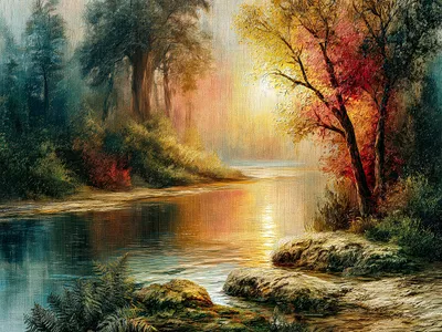Wandbild Motiv: Flusslandschaft im warmen Licht der Abendsonne