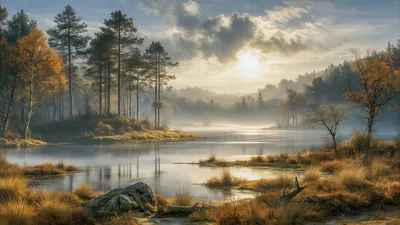 Wandbild Motiv: Goldene Morgenstille am Waldsee
