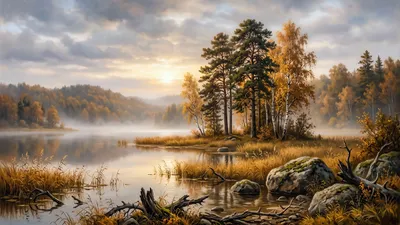 Wandbild Motiv: Herbstlicher Waldsee im weichen Morgenlicht