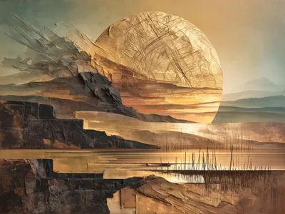 Wandbild Motiv: Landschaft in Gold und Schiefer abstrakt
