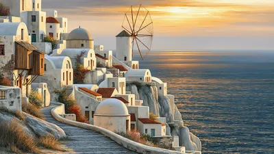 Wandbild Motiv: Mediterranes Klippendorf im warmen Abendlicht