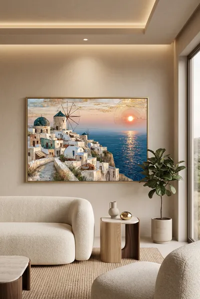 Raumansicht: Mediterranes Küstendorf im Sonnenuntergang