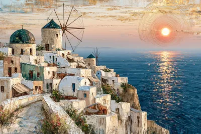Wandbild Motiv: Mediterranes Küstendorf im Sonnenuntergang