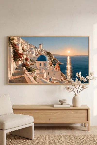 Raumansicht: Santorin Mediterranes Küstendorf mit blauer Kuppel