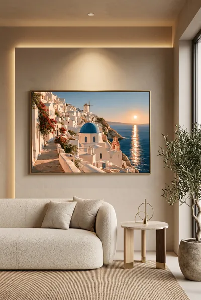 Raumansicht: Santorin Mediterranes Küstendorf mit blauer Kuppel