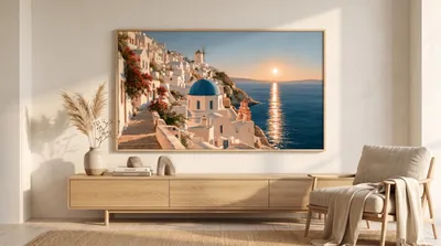 Raumansicht: Santorin Mediterranes Küstendorf mit blauer Kuppel