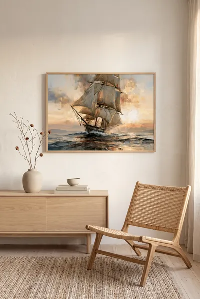 Raumansicht: Segelschiff auf bewegter See im Sonnenuntergang