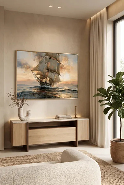 Raumansicht: Segelschiff auf bewegter See im Sonnenuntergang