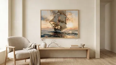 Raumansicht: Segelschiff auf bewegter See im Sonnenuntergang