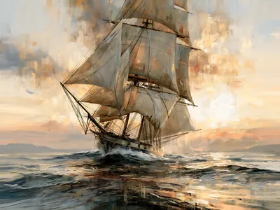 Wandbild Motiv: Segelschiff auf bewegter See im Sonnenuntergang