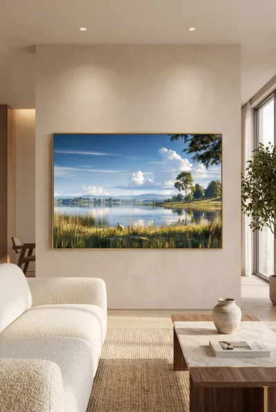 Raumansicht: Sommerlicher See mit Schafweide