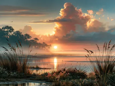 Wandbild Motiv: Sonnenuntergang am nebelverhangenen Schilfufer